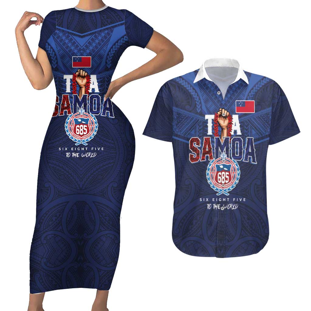 Custom Rugby Toa Samoa Couples Matching Short Sleeve Bodycon Dress and Hawaiian Shirt Champions Six Eight Five - Polynesian Pride