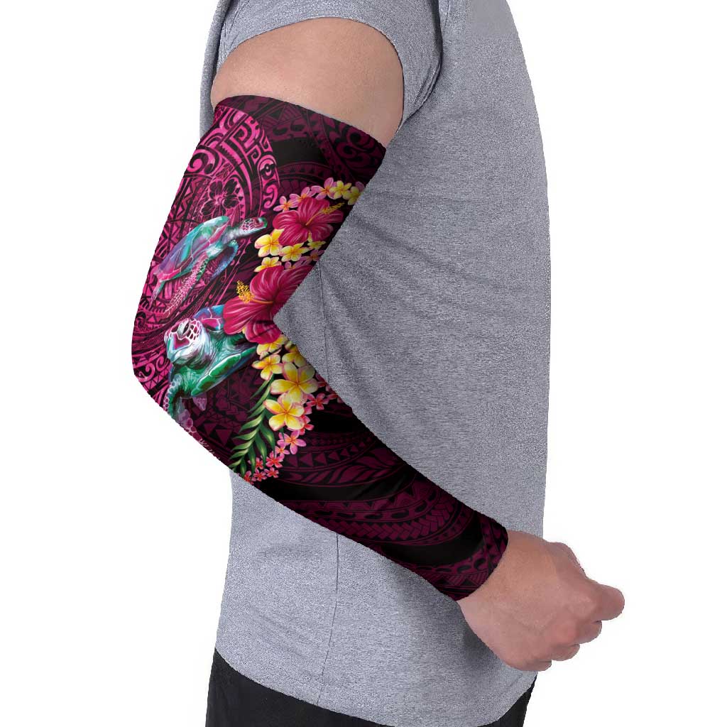 Hawaiian Plumeria and Hibiscus with Turtles Arm Sleeves Polynesian Art Red Color - Polynesian Pride