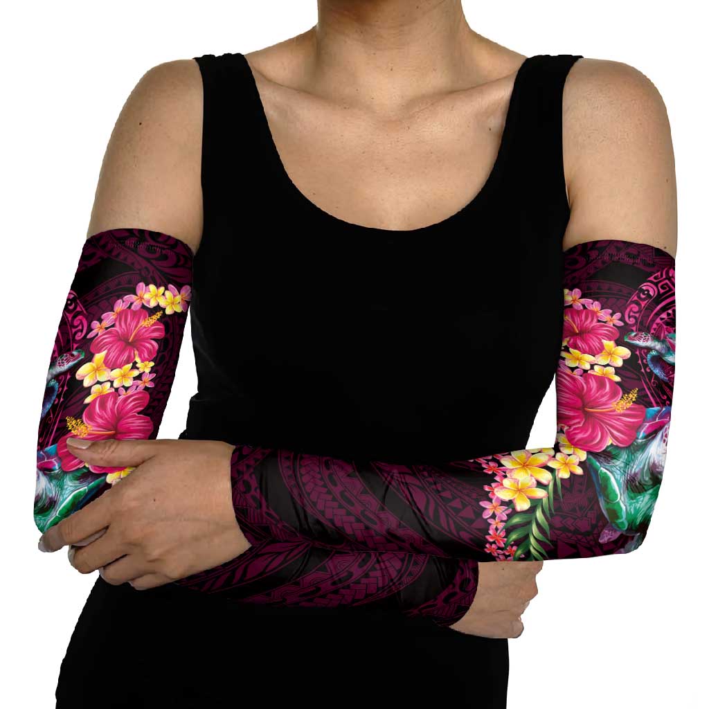 Hawaiian Plumeria and Hibiscus with Turtles Arm Sleeves Polynesian Art Red Color - Polynesian Pride