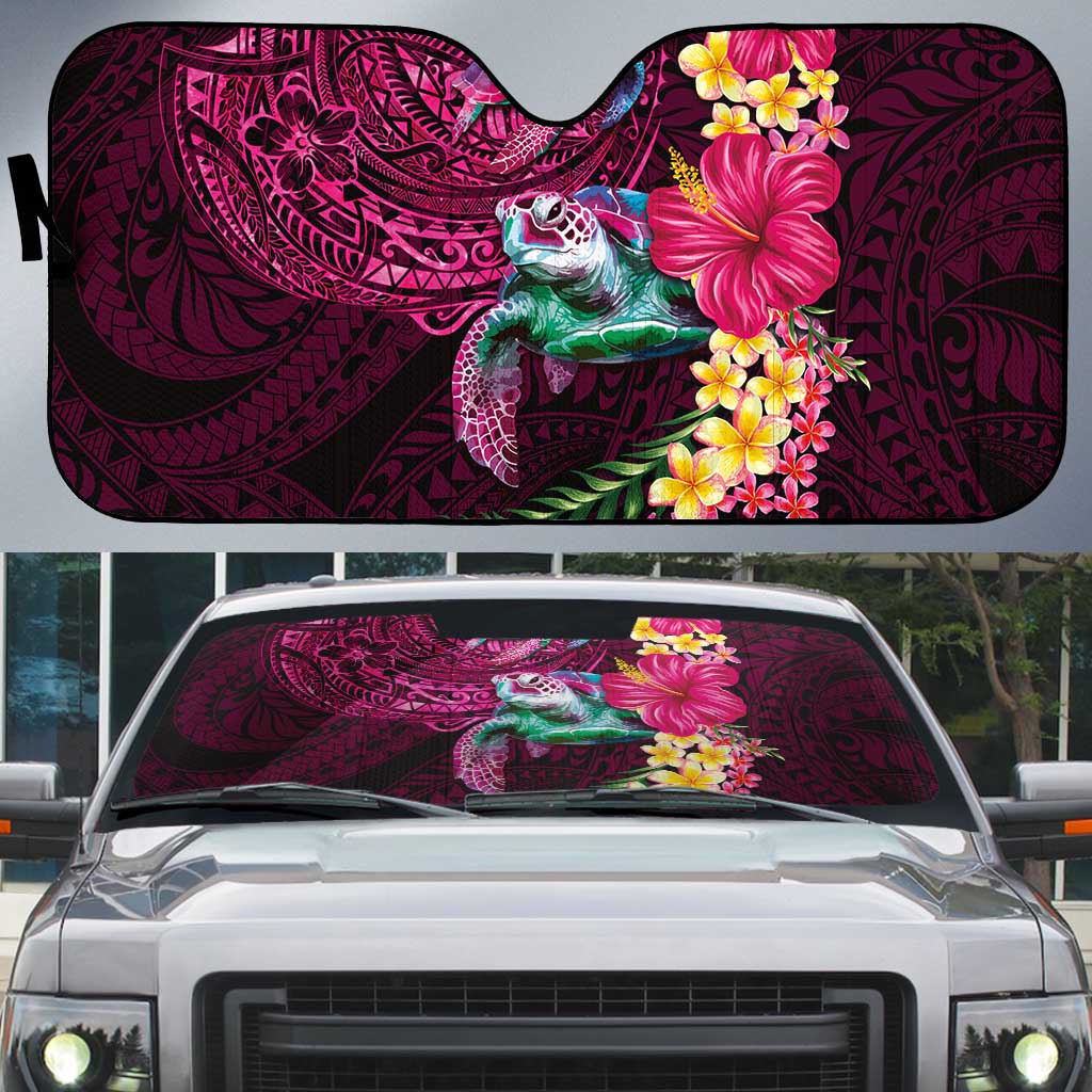 Hawaiian Plumeria and Hibiscus with Turtles Auto Sun Shade Polynesian Art Red Color - Polynesian Pride