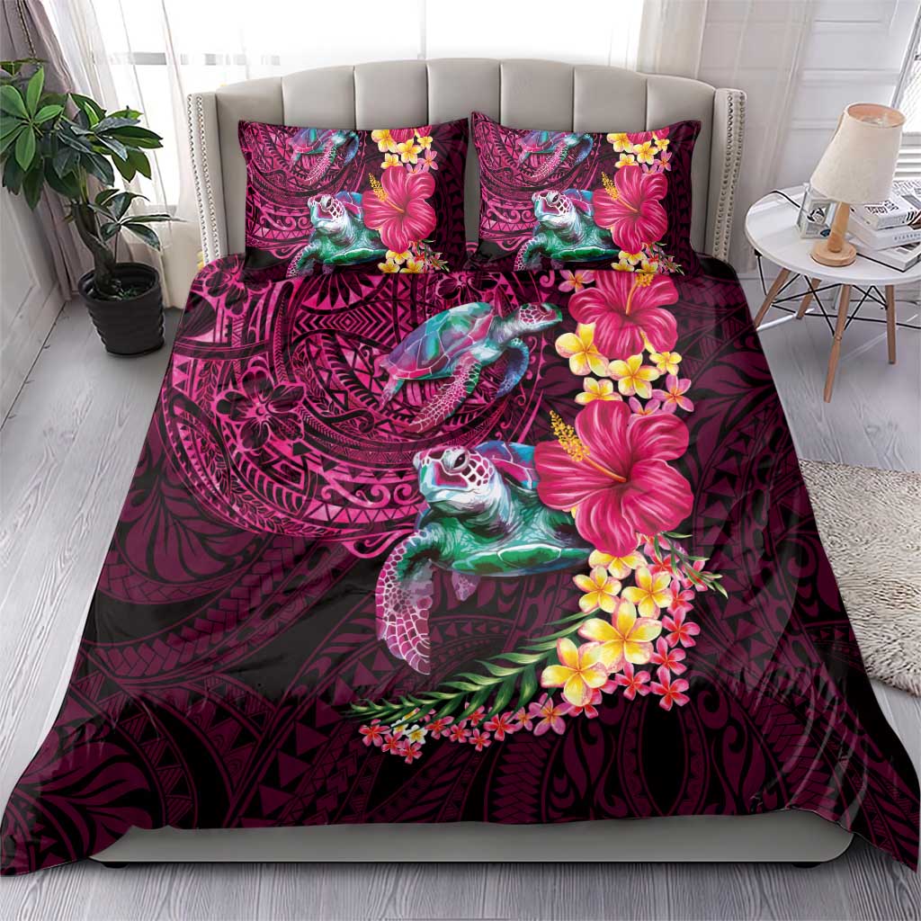 Hawaiian Plumeria and Hibiscus with Turtles Bedding Set Polynesian Art Red Color - Polynesian Pride
