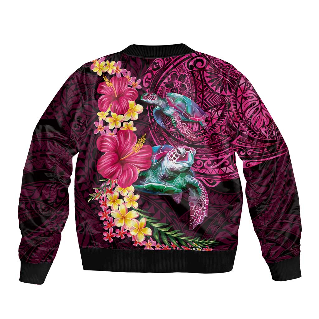 Hawaiian Plumeria and Hibiscus with Turtles Bomber Jacket Polynesian Art Red Color - Polynesian Pride