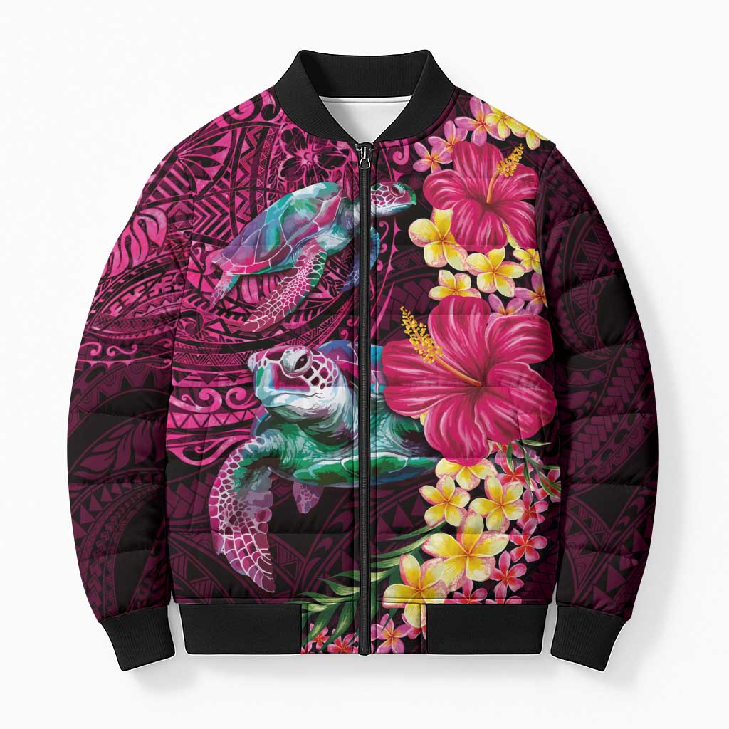 Hawaiian Plumeria and Hibiscus with Turtles Bomber Puffer Jacket Polynesian Art Red Color - Polynesian Pride