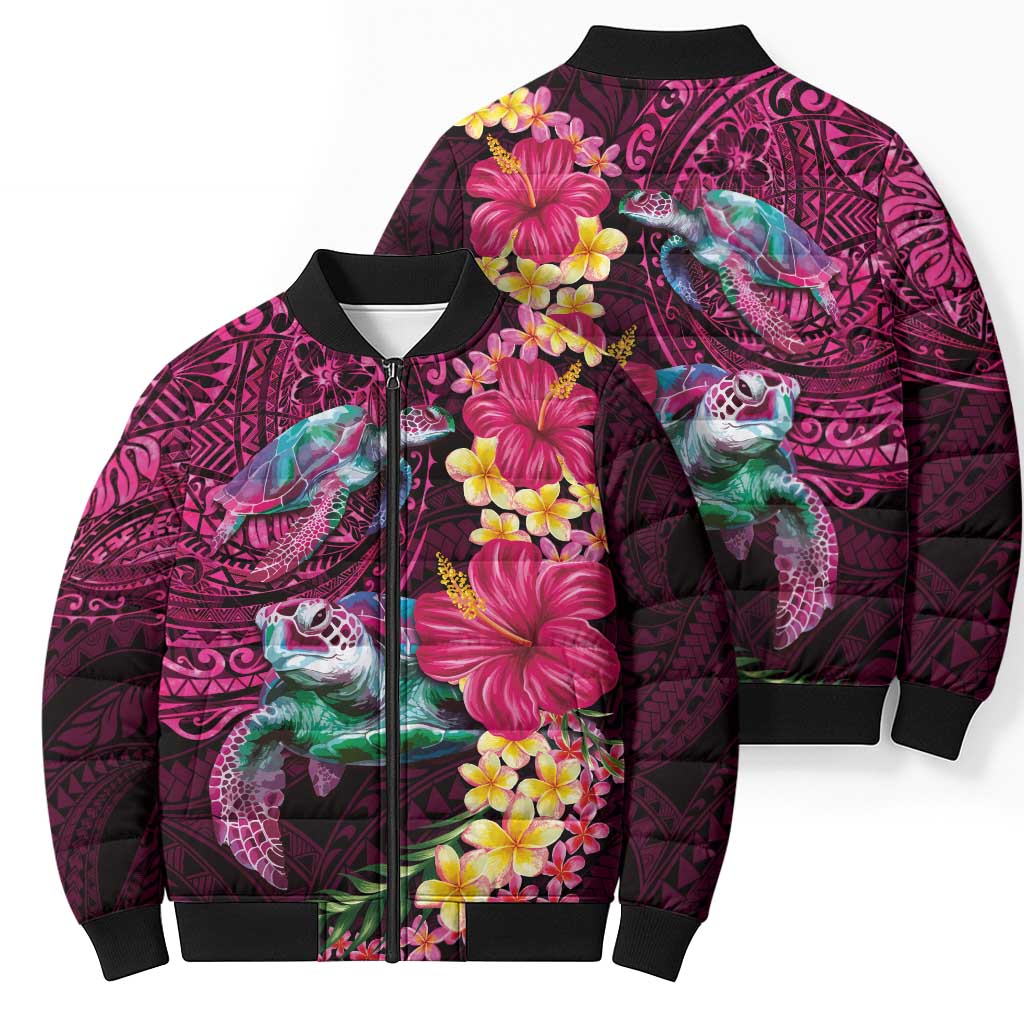 Hawaiian Plumeria and Hibiscus with Turtles Bomber Puffer Jacket Polynesian Art Red Color - Polynesian Pride