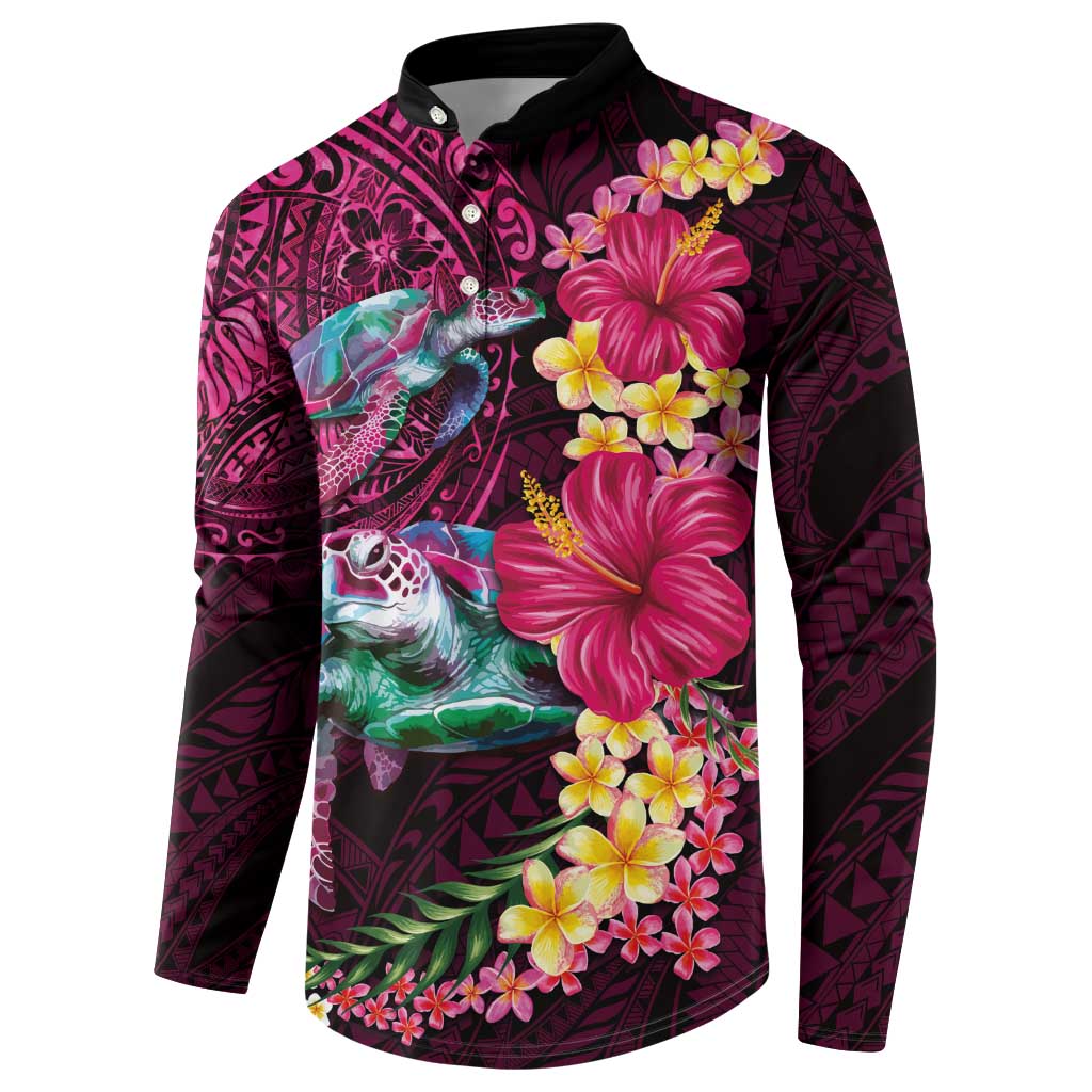 Hawaiian Plumeria and Hibiscus with Turtles Button Sweatshirt Polynesian Art Red Color - Polynesian Pride