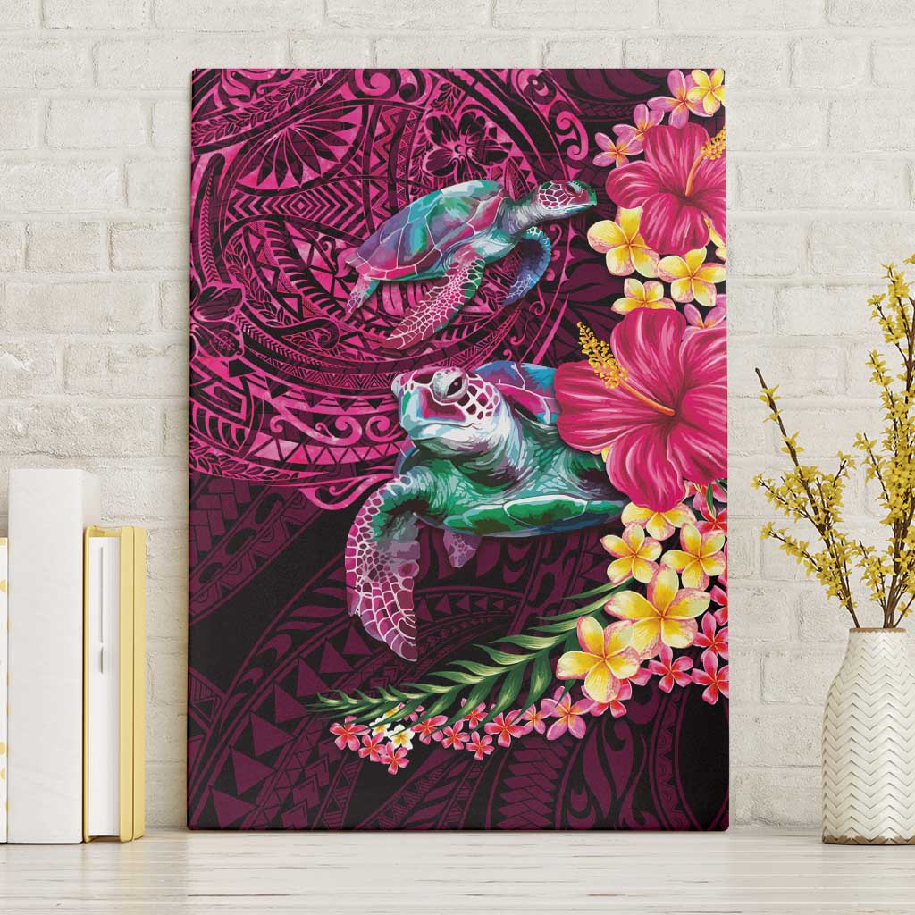 Hawaiian Plumeria and Hibiscus with Turtles Canvas Wall Art Polynesian Art Red Color - Polynesian Pride