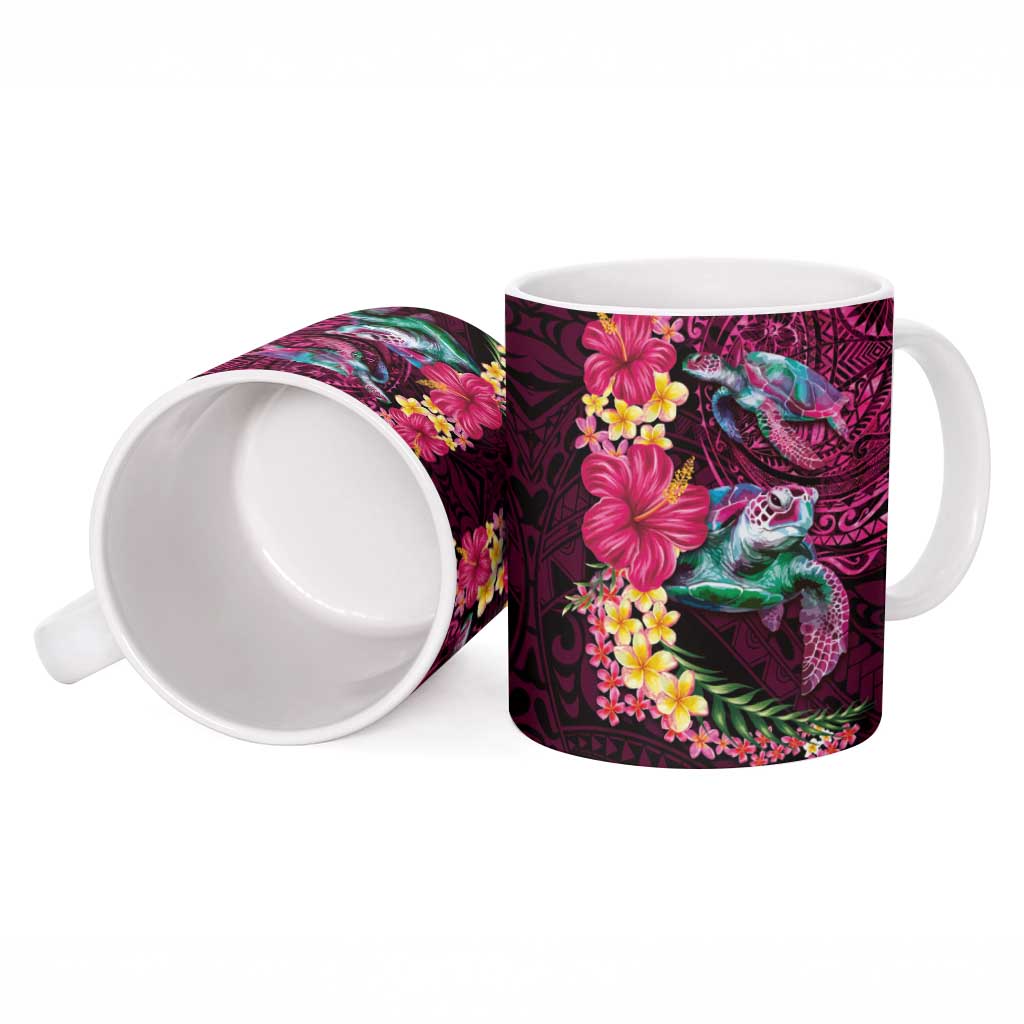 Hawaiian Plumeria and Hibiscus with Turtles Ceramic Mug Polynesian Art Red Color - Polynesian Pride