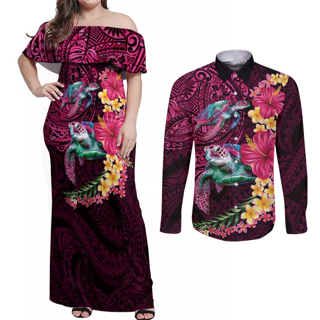 Hawaiian Plumeria and Hibiscus with Turtles Couples Matching Off Shoulder Maxi Dress and Long Sleeve Button Shirt Polynesian Art Red Color - Polynesian Pride