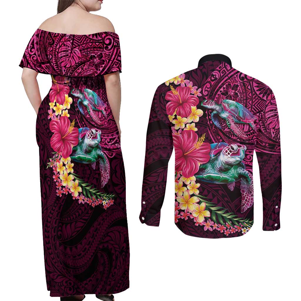 Hawaiian Plumeria and Hibiscus with Turtles Couples Matching Off Shoulder Maxi Dress and Long Sleeve Button Shirt Polynesian Art Red Color - Polynesian Pride
