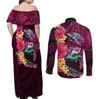 Hawaiian Plumeria and Hibiscus with Turtles Couples Matching Off Shoulder Maxi Dress and Long Sleeve Button Shirt Polynesian Art Red Color - Polynesian Pride
