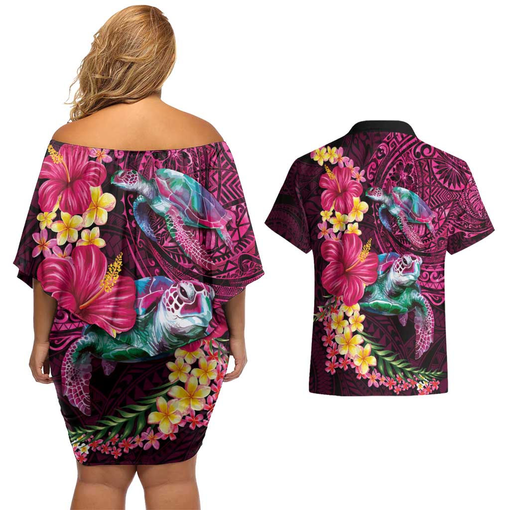Hawaiian Plumeria and Hibiscus with Turtles Couples Matching Off Shoulder Short Dress and Hawaiian Shirt Polynesian Art Red Color - Polynesian Pride
