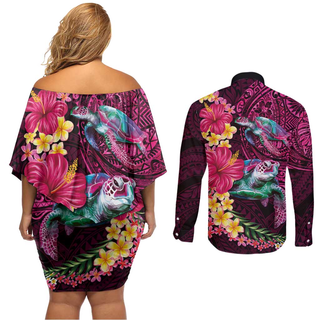 Hawaiian Plumeria and Hibiscus with Turtles Couples Matching Off Shoulder Short Dress and Long Sleeve Button Shirt Polynesian Art Red Color - Polynesian Pride