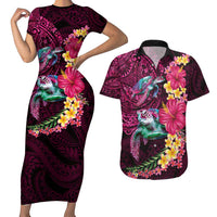 Hawaiian Plumeria and Hibiscus with Turtles Couples Matching Short Sleeve Bodycon Dress and Hawaiian Shirt Polynesian Art Red Color - Polynesian Pride