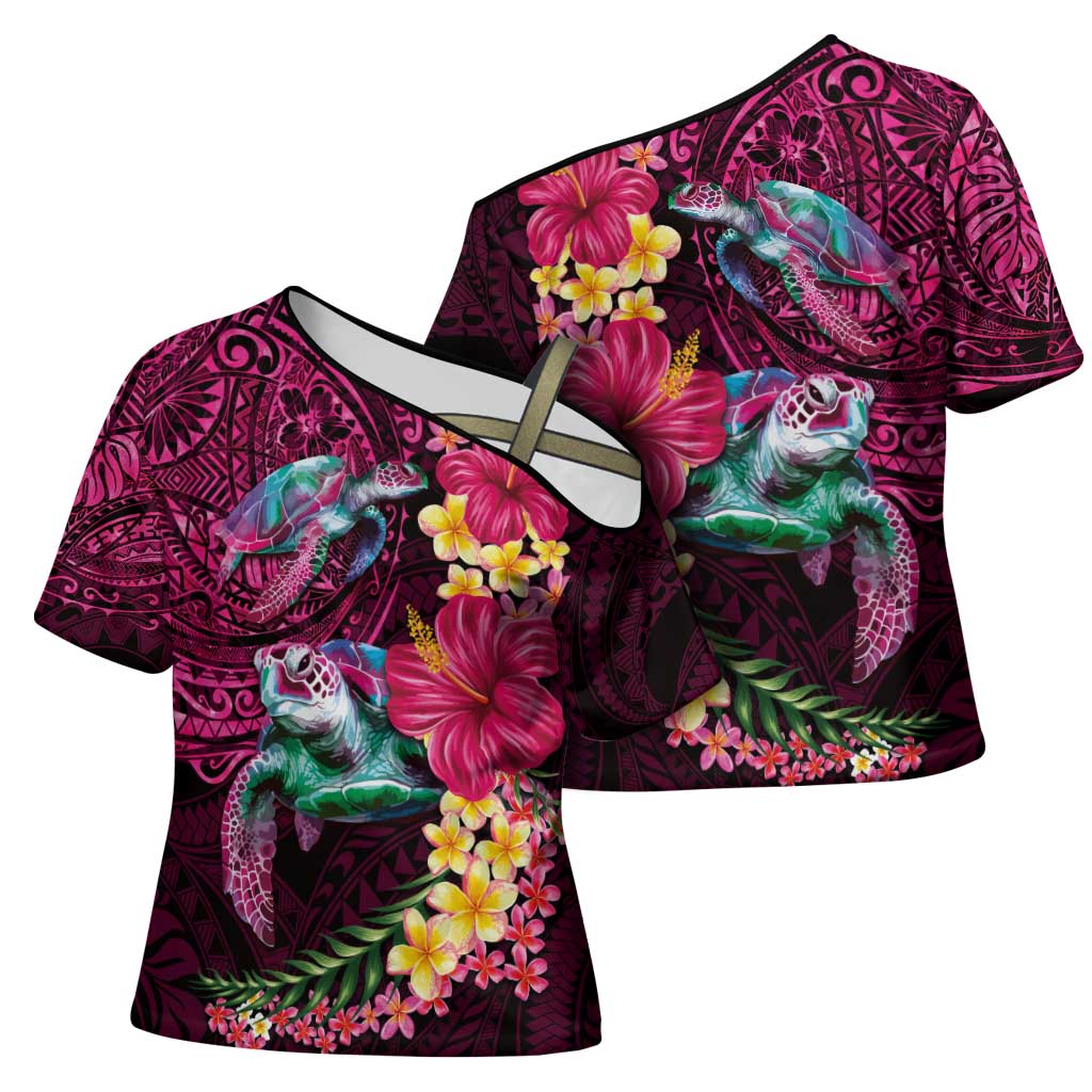 Hawaiian Plumeria and Hibiscus with Turtles Cross Shoulder Shirt Polynesian Art Red Color - Polynesian Pride