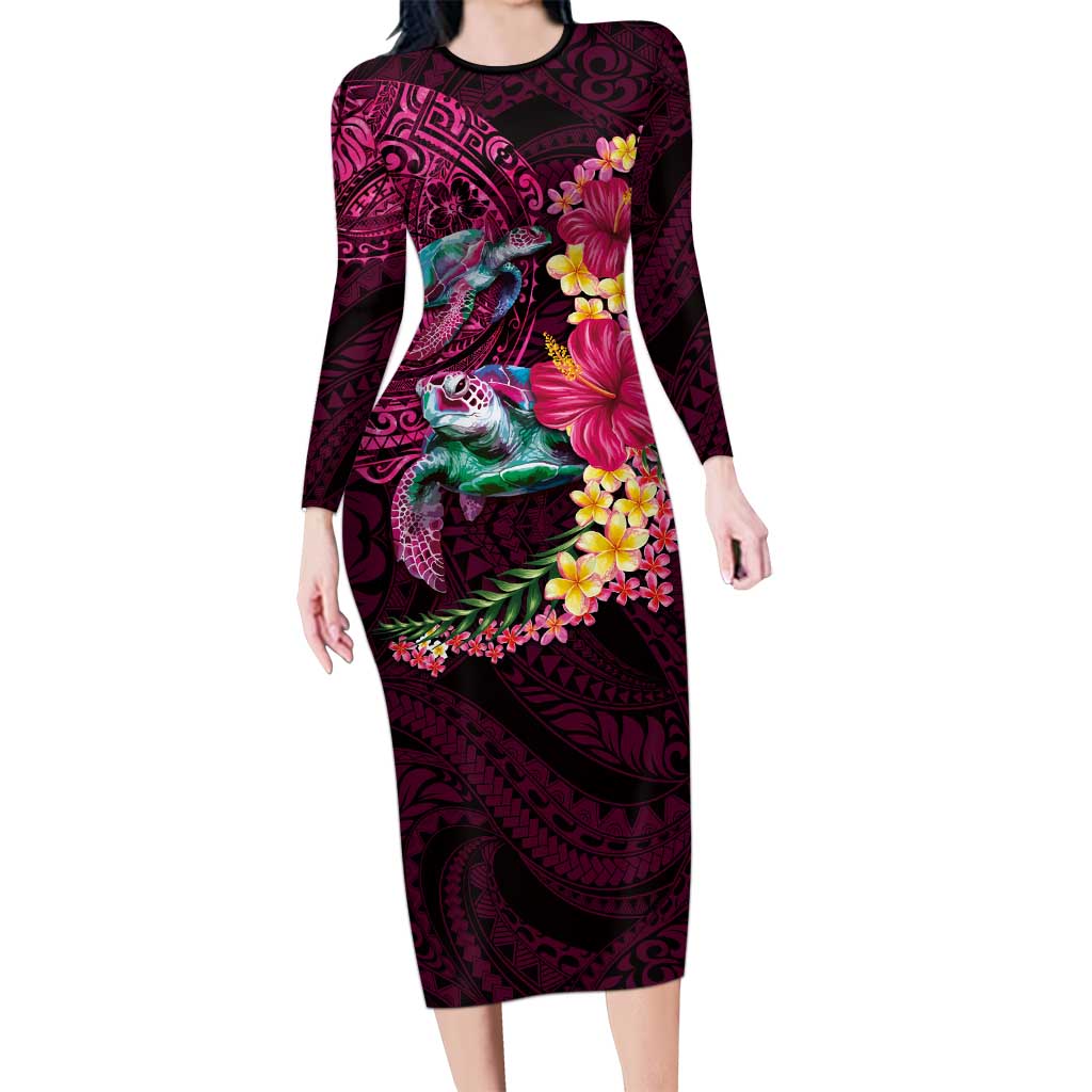 Hawaiian Plumeria and Hibiscus with Turtles Family Matching Long Sleeve Bodycon Dress and Hawaiian Shirt Polynesian Art Red Color - Polynesian Pride