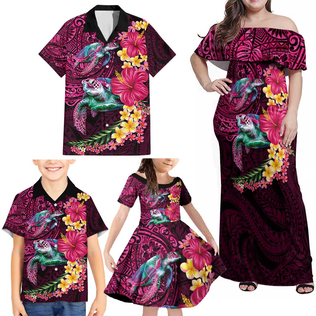 Hawaiian Plumeria and Hibiscus with Turtles Family Matching Off Shoulder Maxi Dress and Hawaiian Shirt Polynesian Art Red Color - Polynesian Pride