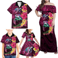 Hawaiian Plumeria and Hibiscus with Turtles Family Matching Off Shoulder Maxi Dress and Hawaiian Shirt Polynesian Art Red Color - Polynesian Pride