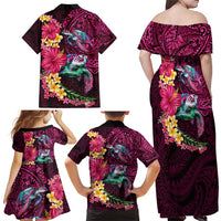 Hawaiian Plumeria and Hibiscus with Turtles Family Matching Off Shoulder Maxi Dress and Hawaiian Shirt Polynesian Art Red Color - Polynesian Pride