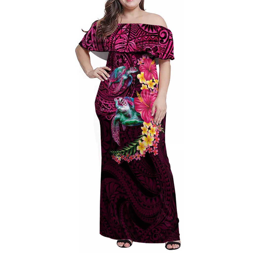 Hawaiian Plumeria and Hibiscus with Turtles Family Matching Off Shoulder Maxi Dress and Hawaiian Shirt Polynesian Art Red Color - Polynesian Pride