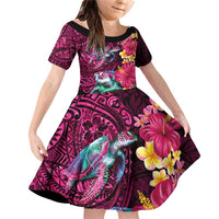 Hawaiian Plumeria and Hibiscus with Turtles Family Matching Off Shoulder Short Dress and Hawaiian Shirt Polynesian Art Red Color - Polynesian Pride