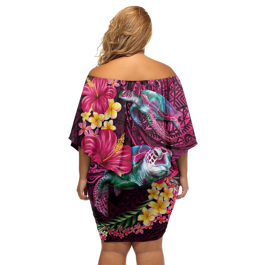 Hawaiian Plumeria and Hibiscus with Turtles Family Matching Off Shoulder Short Dress and Hawaiian Shirt Polynesian Art Red Color - Polynesian Pride