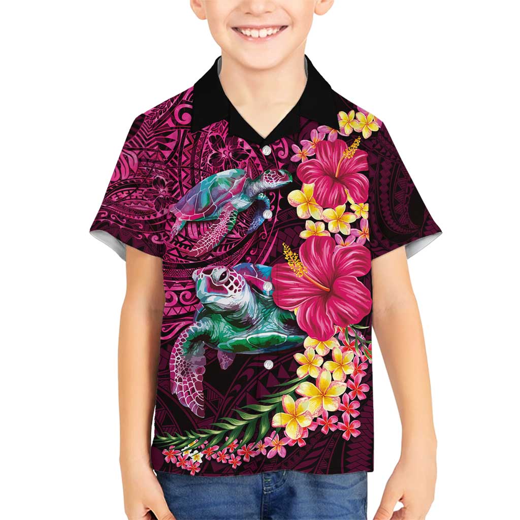 Hawaiian Plumeria and Hibiscus with Turtles Family Matching Off Shoulder Short Dress and Hawaiian Shirt Polynesian Art Red Color - Polynesian Pride
