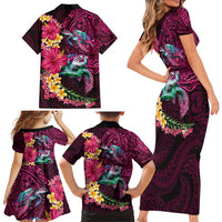 Hawaiian Plumeria and Hibiscus with Turtles Family Matching Short Sleeve Bodycon Dress and Hawaiian Shirt Polynesian Art Red Color - Polynesian Pride