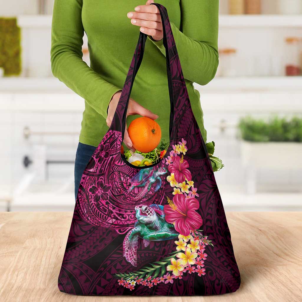 Hawaiian Plumeria and Hibiscus with Turtles Grocery Bag Polynesian Art Red Color - Polynesian Pride