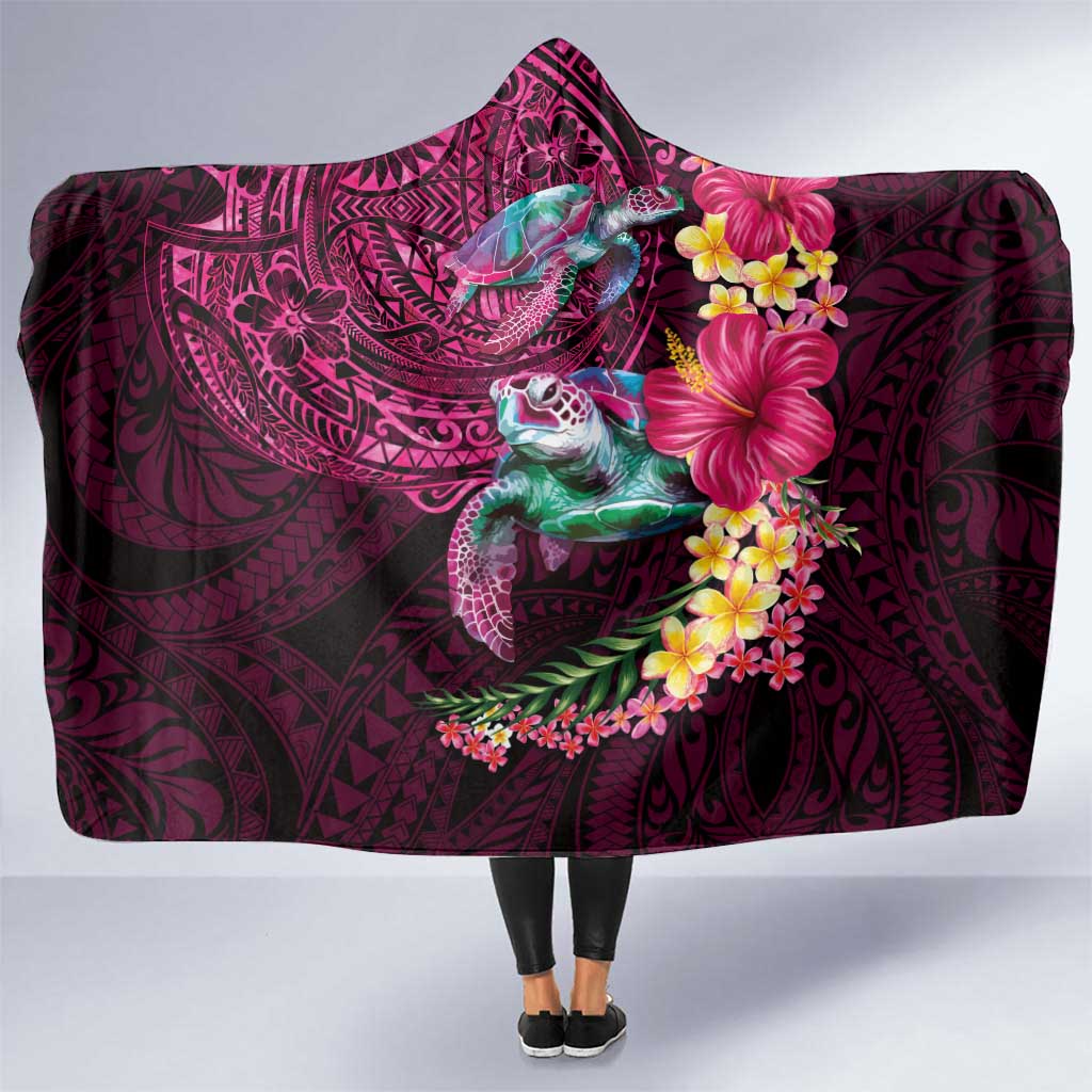 Hawaiian Plumeria and Hibiscus with Turtles Hooded Blanket Polynesian Art Red Color - Polynesian Pride