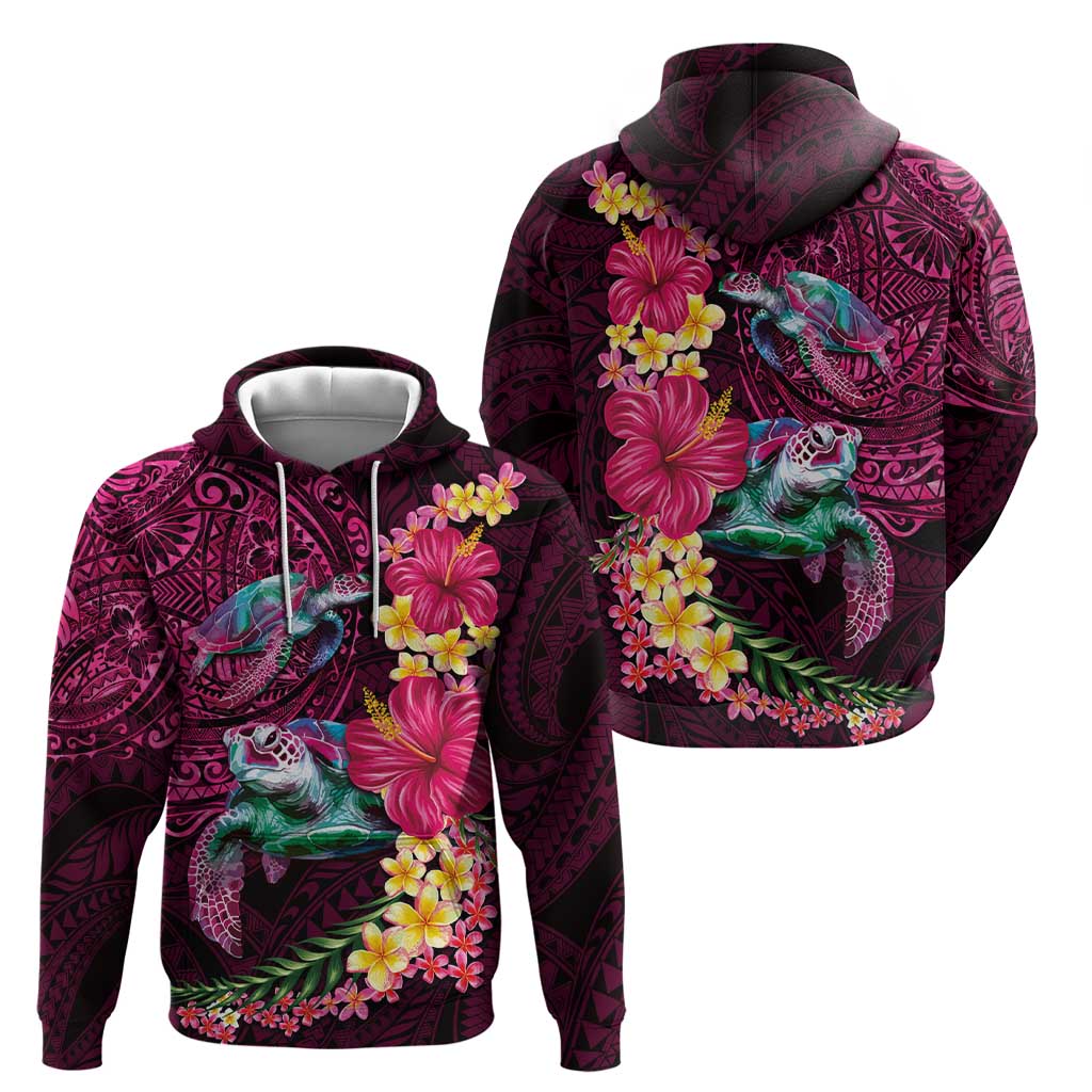 Hawaiian Plumeria and Hibiscus with Turtles Hoodie Polynesian Art Red Color - Polynesian Pride