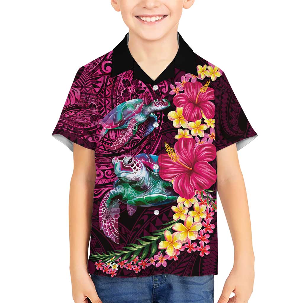 Hawaiian Plumeria and Hibiscus with Turtles Kid Hawaiian Shirt Polynesian Art Red Color - Polynesian Pride
