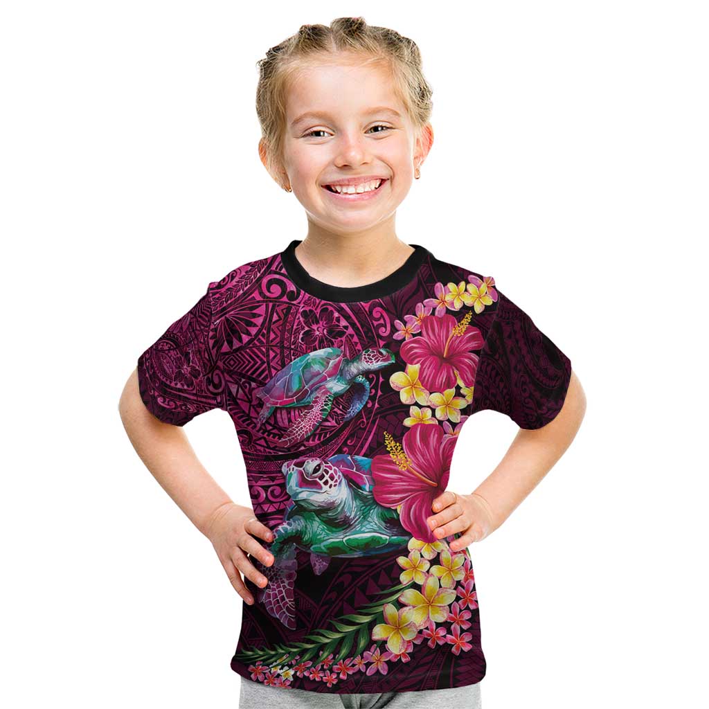 Hawaiian Plumeria and Hibiscus with Turtles Kid T Shirt Polynesian Art Red Color - Polynesian Pride