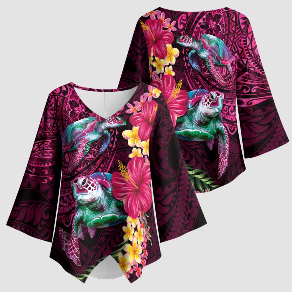 Hawaiian Plumeria and Hibiscus with Turtles Kimono Sleeve Blouse Polynesian Art Red Color - Polynesian Pride