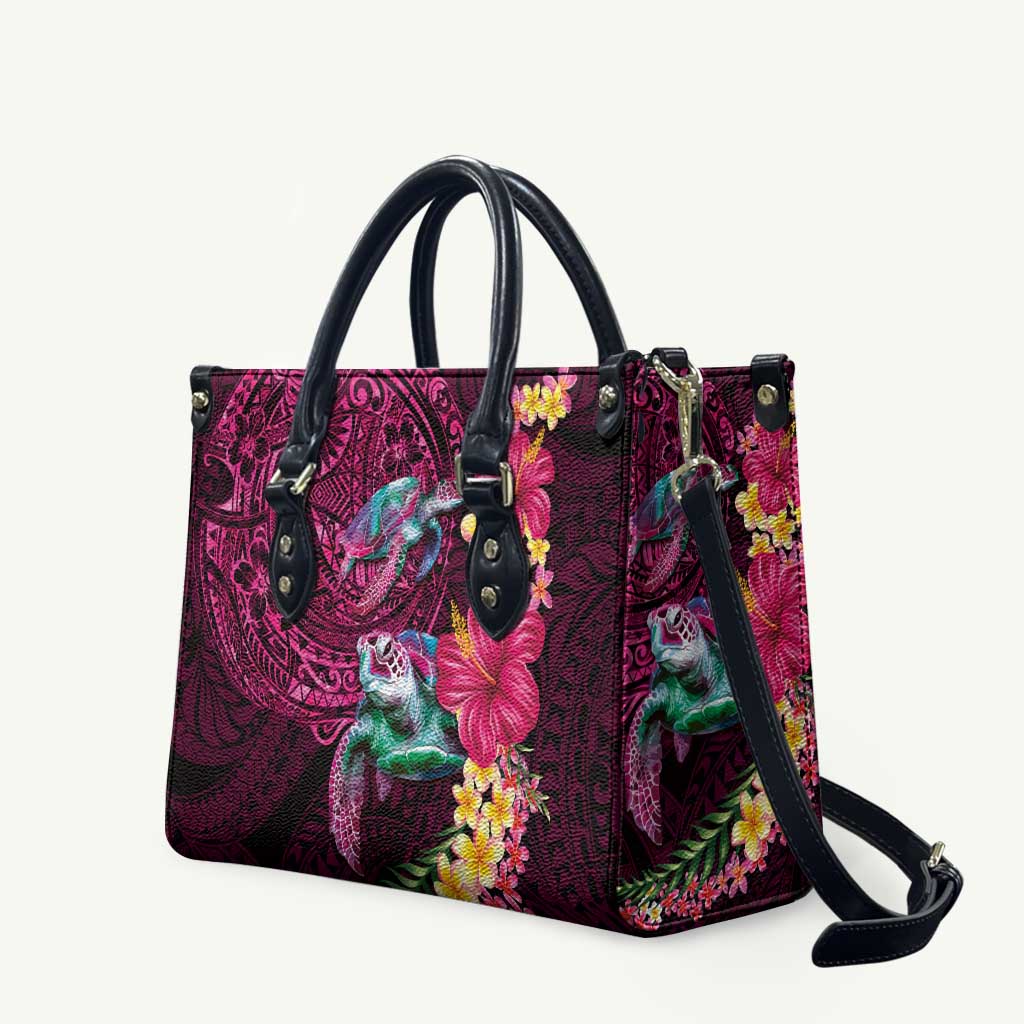 Hawaiian Plumeria and Hibiscus with Turtles Leather Bag Polynesian Art Red Color - Polynesian Pride
