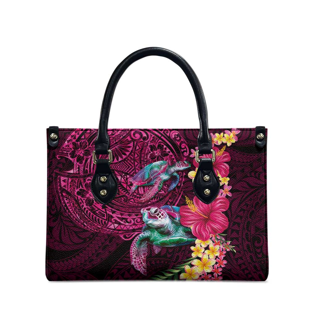 Hawaiian Plumeria and Hibiscus with Turtles Leather Bag Polynesian Art Red Color - Polynesian Pride