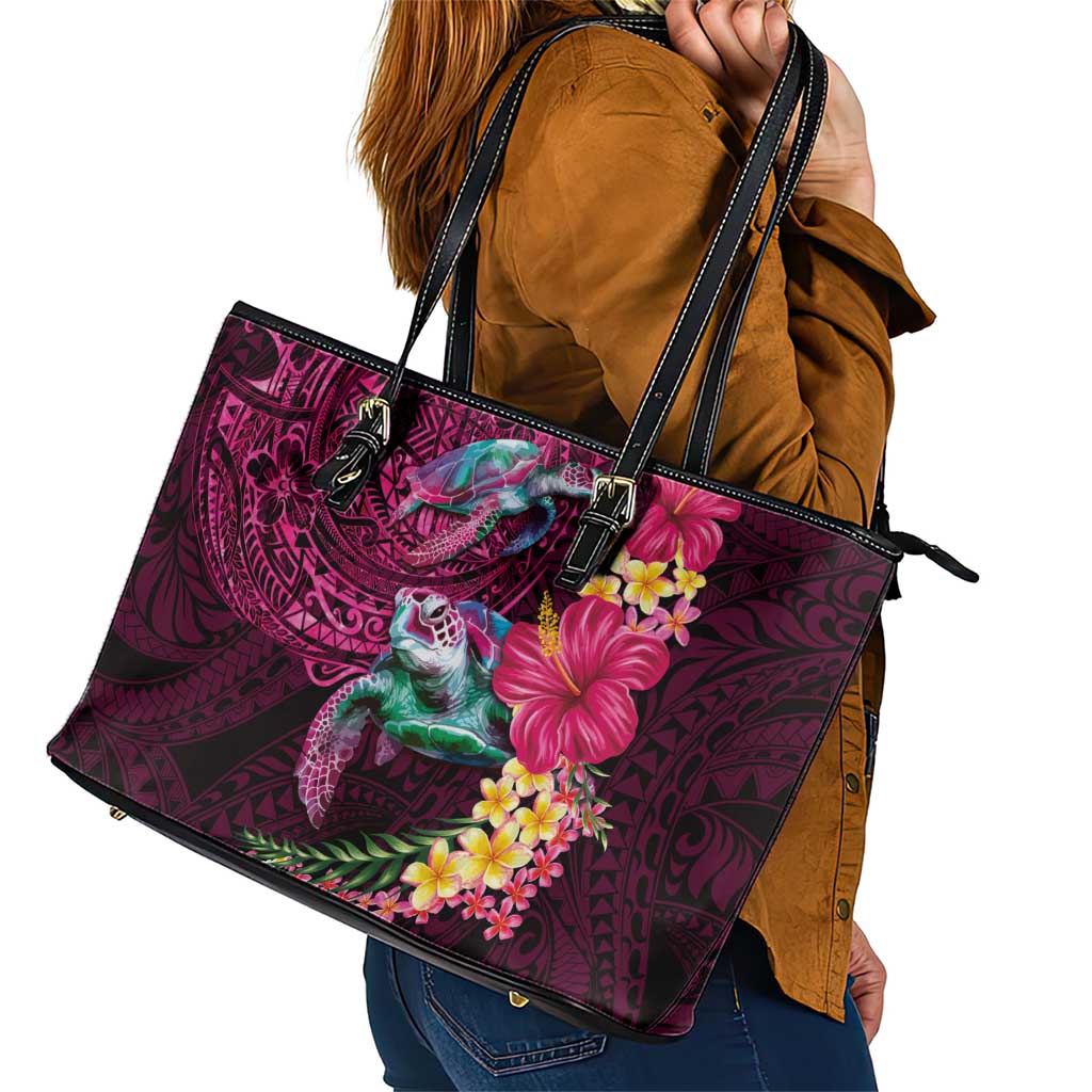 Hawaiian Plumeria and Hibiscus with Turtles Leather Tote Bag Polynesian Art Red Color - Polynesian Pride