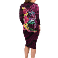 Hawaiian Plumeria and Hibiscus with Turtles Long Sleeve Bodycon Dress Polynesian Art Red Color - Polynesian Pride