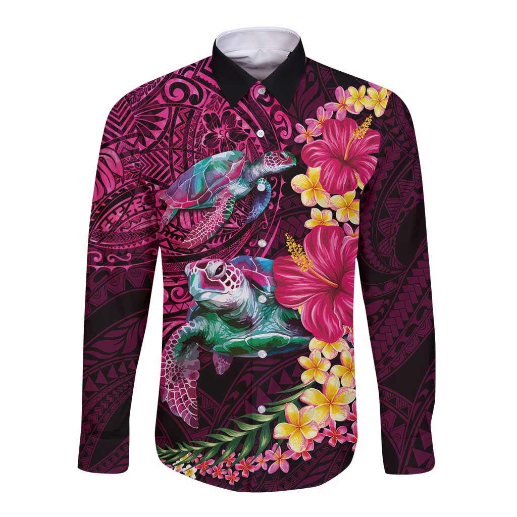 Hawaiian Plumeria and Hibiscus with Turtles Long Sleeve Button Shirt Polynesian Art Red Color - Polynesian Pride