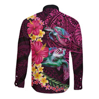 Hawaiian Plumeria and Hibiscus with Turtles Long Sleeve Button Shirt Polynesian Art Red Color - Polynesian Pride