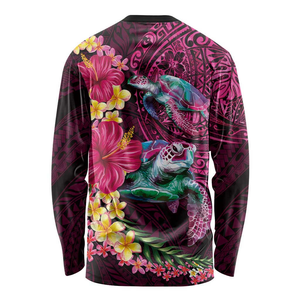 Hawaiian Plumeria and Hibiscus with Turtles Long Sleeve Shirt Polynesian Art Red Color - Polynesian Pride