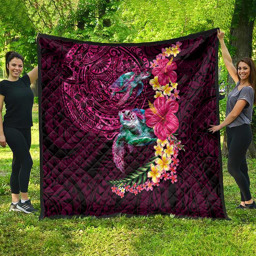Hawaiian Plumeria and Hibiscus with Turtles Quilt Polynesian Art Red Color - Polynesian Pride