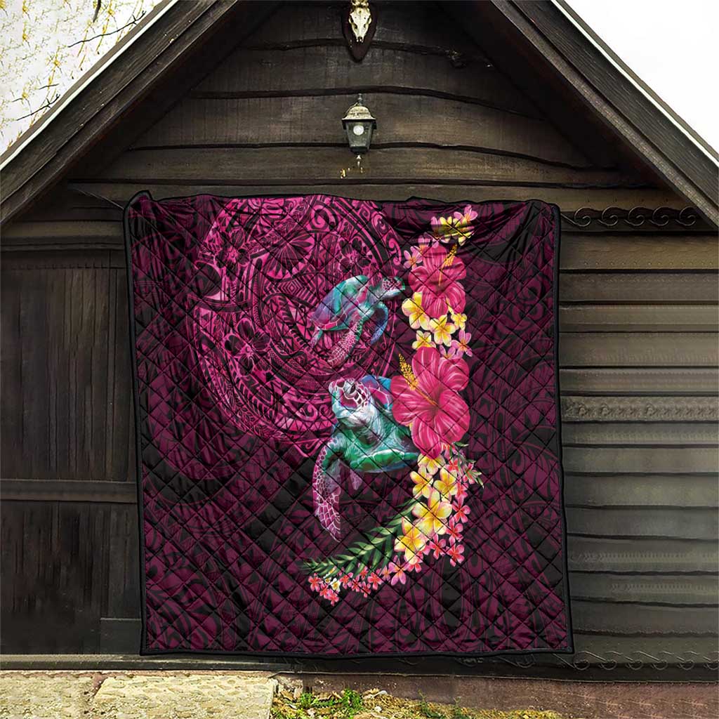 Hawaiian Plumeria and Hibiscus with Turtles Quilt Polynesian Art Red Color - Polynesian Pride