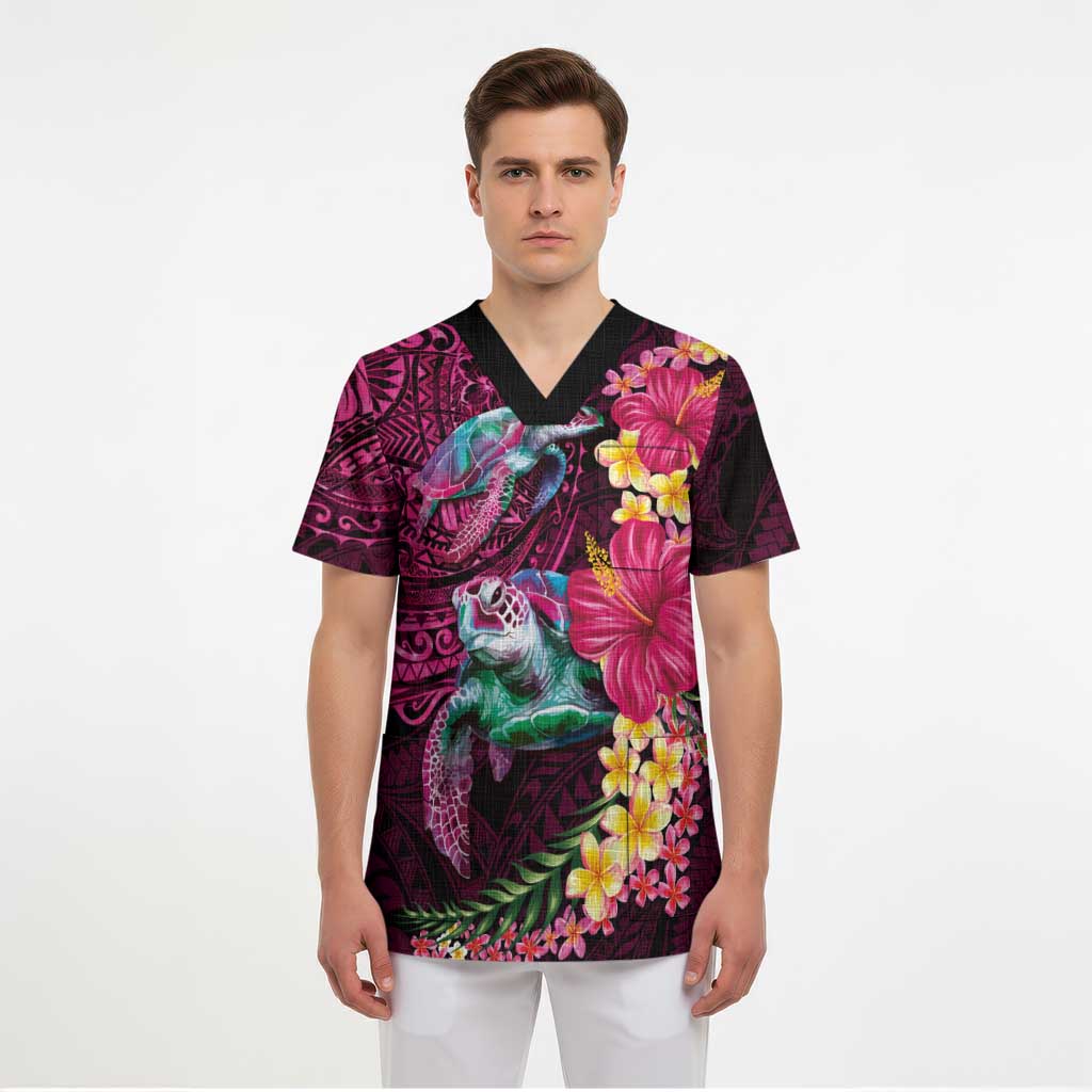 Hawaiian Plumeria and Hibiscus with Turtles Scrub Top Polynesian Art Red Color - Polynesian Pride
