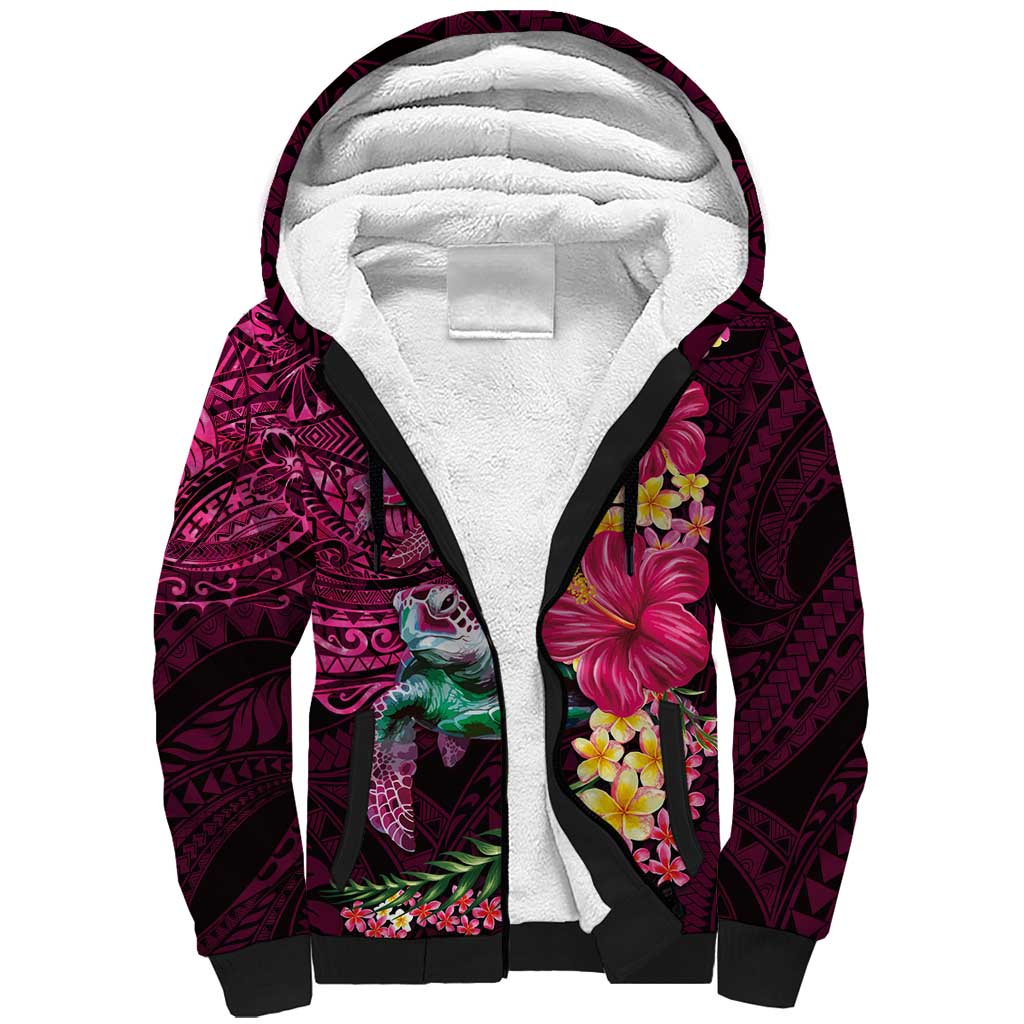 Hawaiian Plumeria and Hibiscus with Turtles Sherpa Hoodie Polynesian Art Red Color - Polynesian Pride