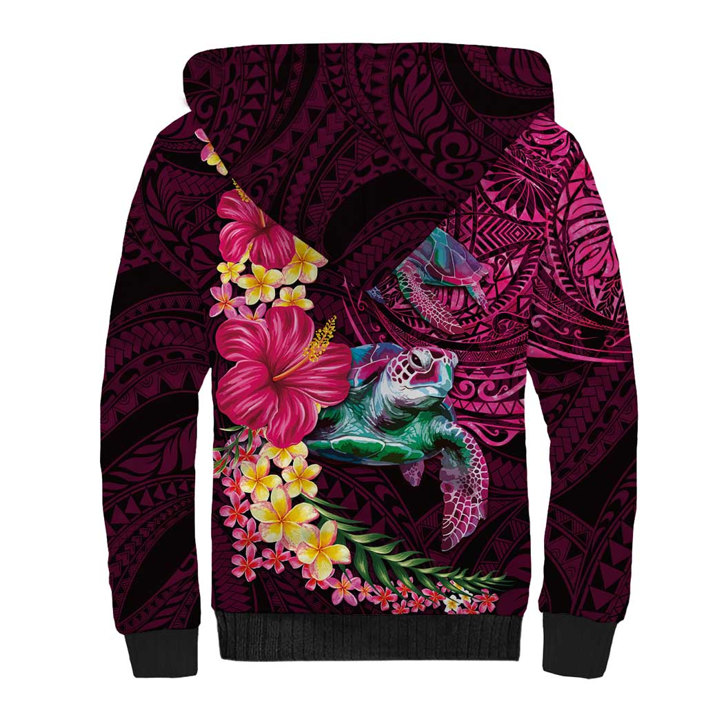 Hawaiian Plumeria and Hibiscus with Turtles Sherpa Hoodie Polynesian Art Red Color - Polynesian Pride