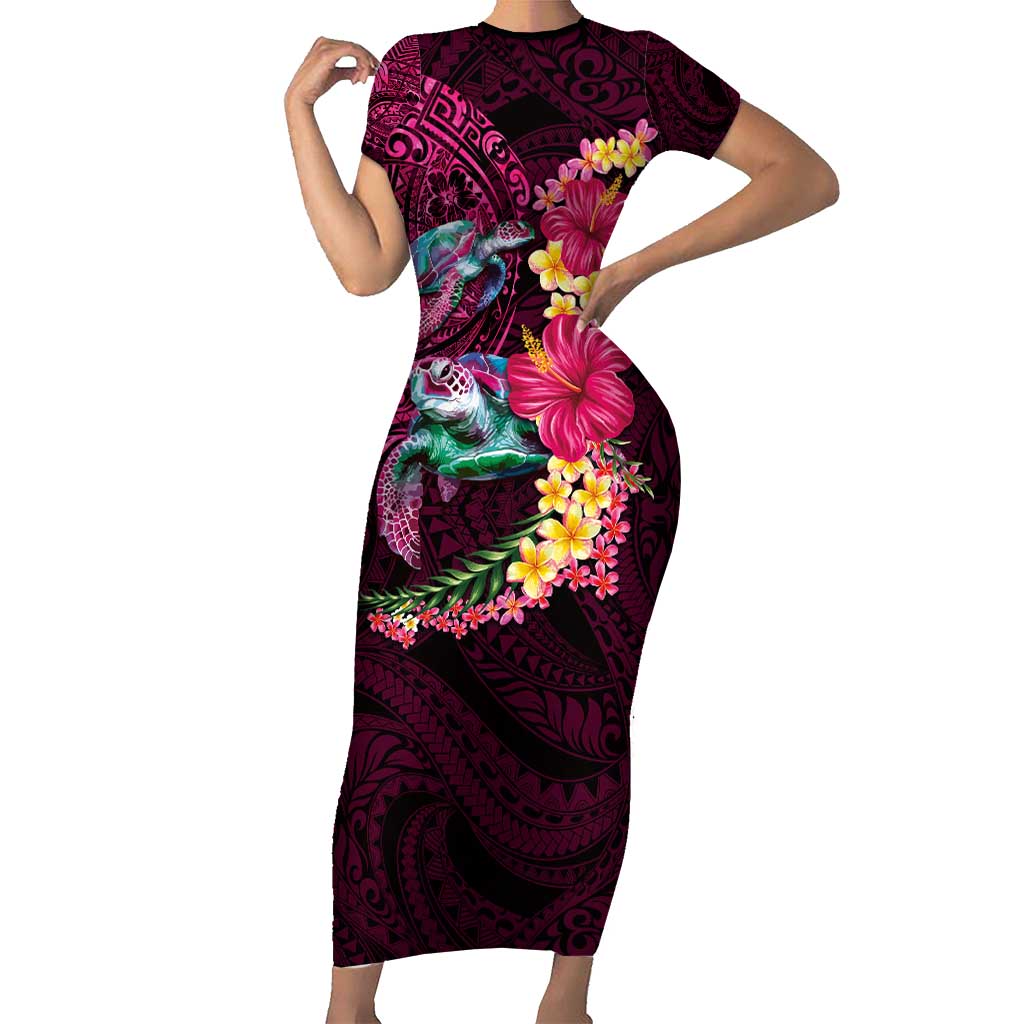 Hawaiian Plumeria and Hibiscus with Turtles Short Sleeve Bodycon Dress Polynesian Art Red Color - Polynesian Pride