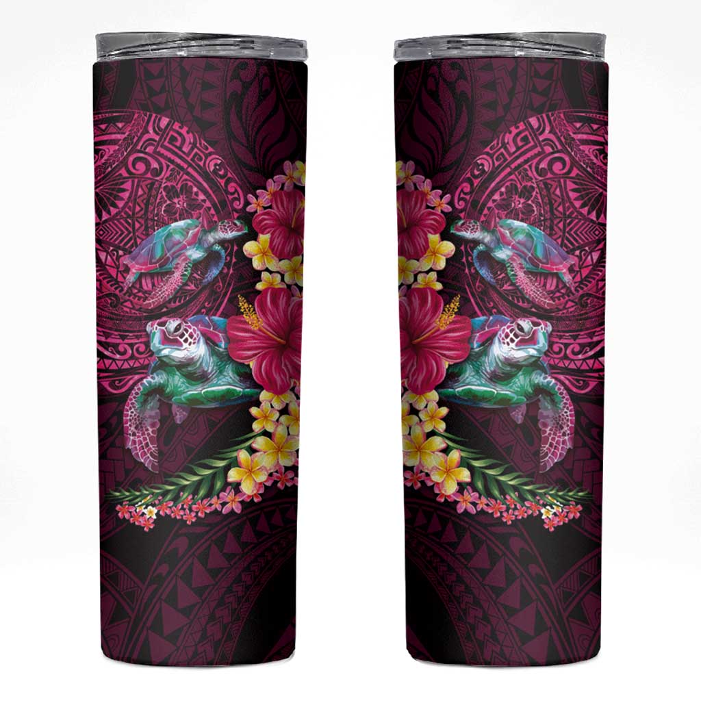 Hawaiian Plumeria and Hibiscus with Turtles Skinny Tumbler Polynesian Art Red Color - Polynesian Pride