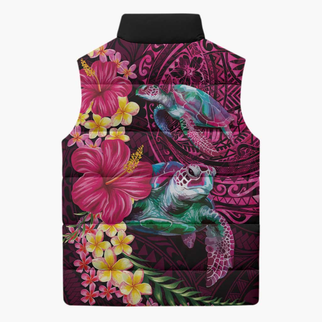 Hawaiian Plumeria and Hibiscus with Turtles Sleeveless Puffer Jacket Polynesian Art Red Color - Polynesian Pride