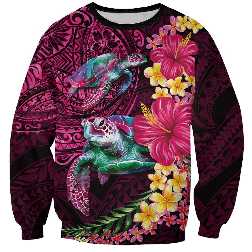 Hawaiian Plumeria and Hibiscus with Turtles Sweatshirt Polynesian Art Red Color - Polynesian Pride