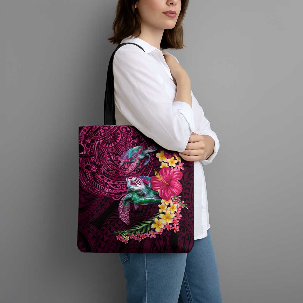 Hawaiian Plumeria and Hibiscus with Turtles Tote Bag Polynesian Art Red Color - Polynesian Pride